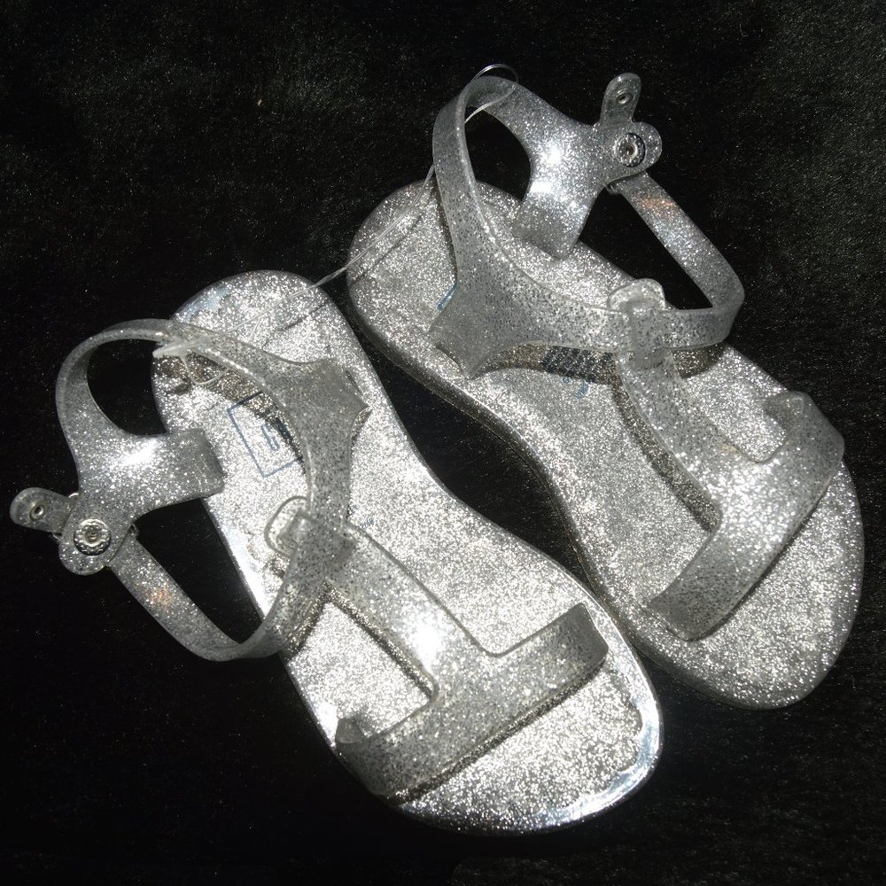 Baby Gap NWT Silver Glitter T-Strap Snap Jelly Sandals Toddler 9